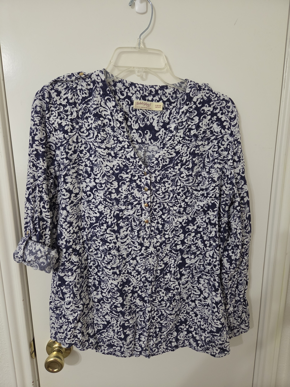 Faded Glory Navy and White Floral V-Neck Henley Tunic